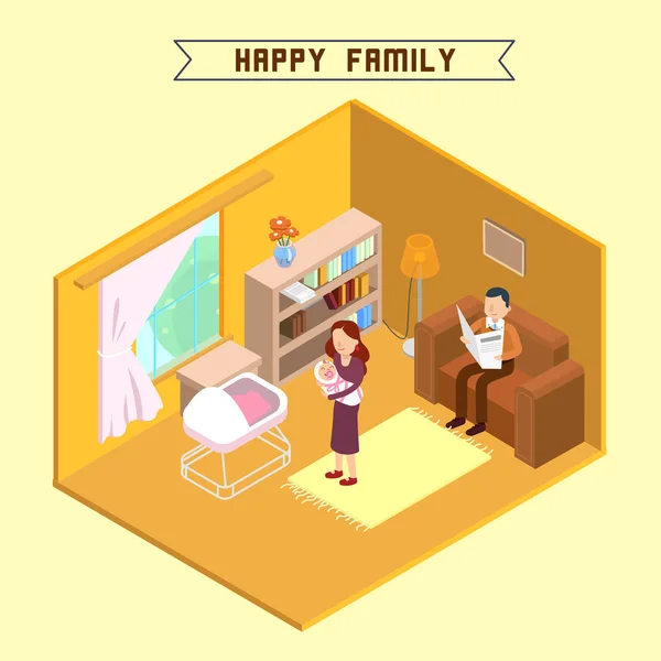 Isometric Interior. Happy Family. Isometric People. Mother with  Baby. Young Parents. Vector illustration