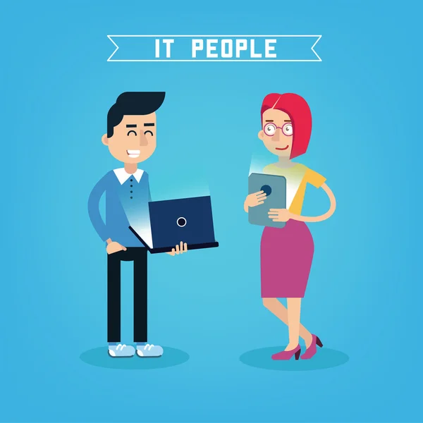 IT People. IT Professional. Programmer with Laptop. Woman with Tablet. People with Gadgets. Vector illustration