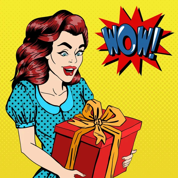 Woman with Gift. Excited Woman with Present. Pop Art Banner. Vector illustration