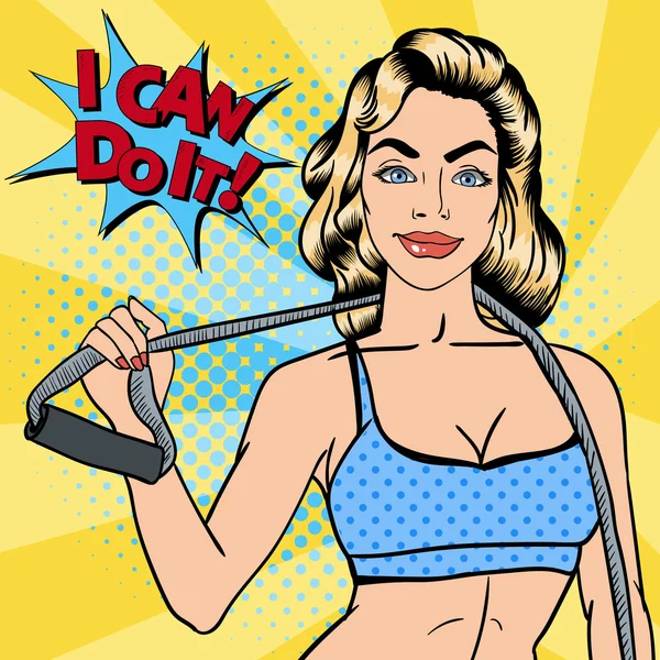 Woman with Sport Equipment. Fitness Girl. Athletic Woman. Pop Art. Vector illustration