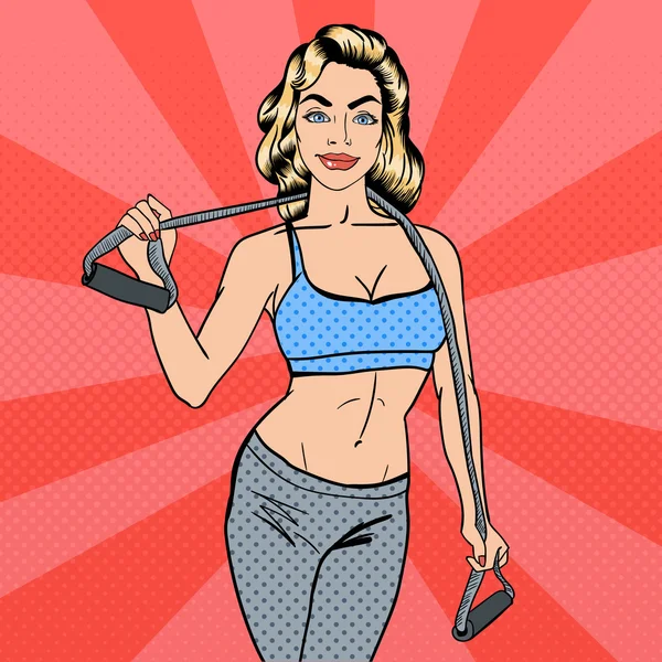 Woman with Sport Equipment. Fitness Girl. Athletic Woman. Pop Art. Vector illustration