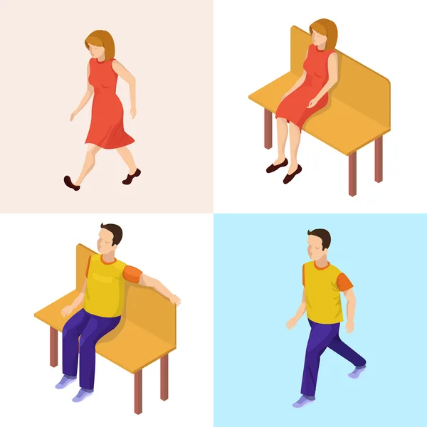 Isometric People. Walking Woman and Man. Woman and Man Sitting on the Bench. Vector illustration