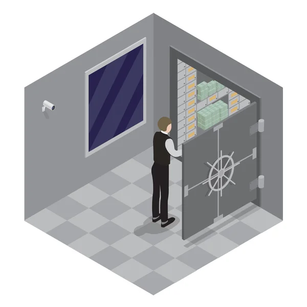 Bank Safe. Open Door of the Bank Safe. Bank Vault. Banker Opens  the Safe with Money. Isometric Bank. Vector illustration