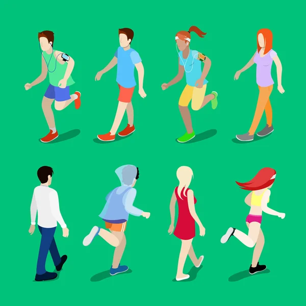 Isometric People. Running Man. Running Woman. Active People. Walking People. Vector illustration