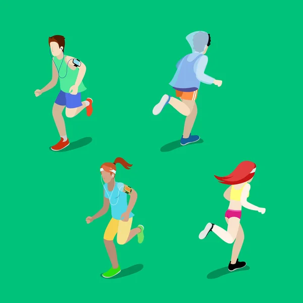 Isometric People. Running Man. Running Woman. Active People. Vector illustration