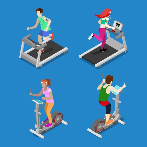 Isometric People. Man and Woman Running on Treadmill in Gym. Active People. Vector illustration