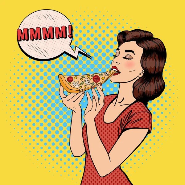 Woman Eating Pizza. Young Woman Holding Big Piece of Pizza. Pop Art. Vector illustration