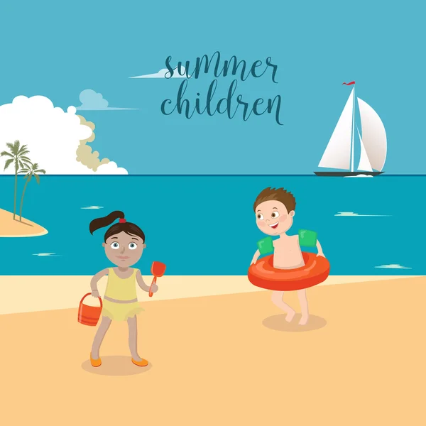 Children Sea Vacation. Girls and Boys Playing on the Beach. Vector illustration