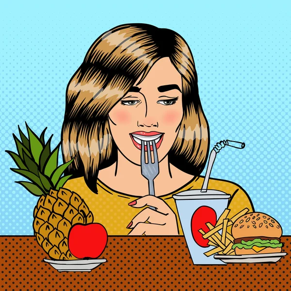 Beautiful Woman Choosing Food Between Fruits and Fast Food. Pop Art. Vector illustration