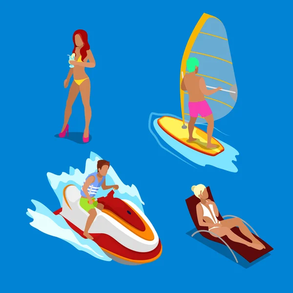 Isometric People on Vacations. Woman with Cocktail. Man on Water Scooter. Woman in Sunbed. Surfing Man. Vector illustration