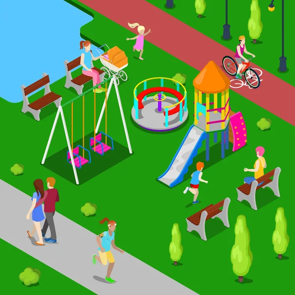 Isometric Children Playground in the Park with People, Sweengs, Slide and Carousel. Vector illustration