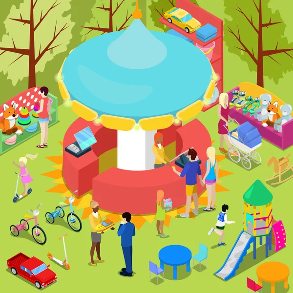 Isometric Children Toys Shop Interior with Toys and People