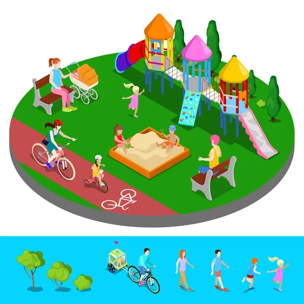 Isometric Children Playground in the Park with People, Slide and Sandbox. Vector illustration