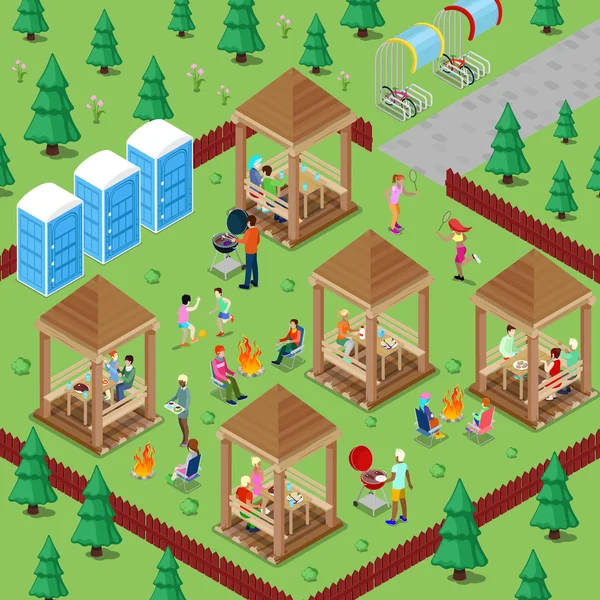 Family Grill BBQ Area in the Forest with Active People Cooking Meat and Playing Sports. Isometric City. Vector illustration