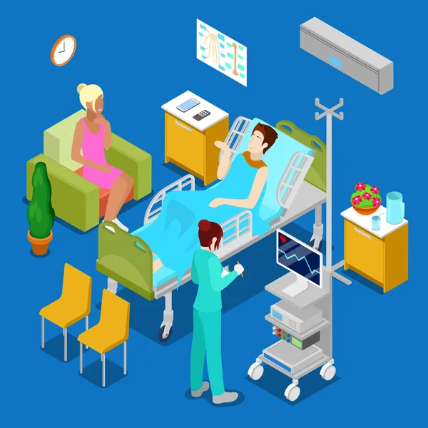 Isometric Hospital Room with Patient and Nurse. Health Care 3d Concept. Vector illustration