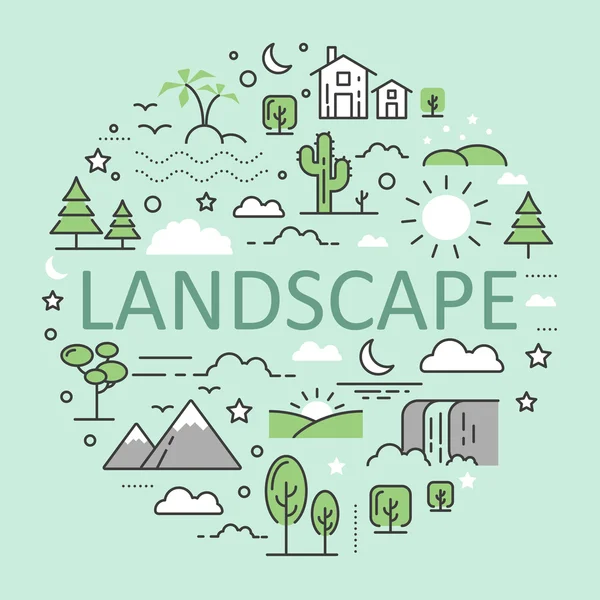Landscape Nature Line Art Thin Vector Icons Set with Mountains Forest Urban