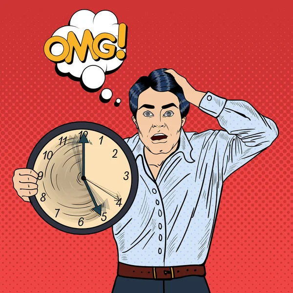 Stressed Pop Art Business Man Holding Big Clock on Work Deadline. Vector illustration