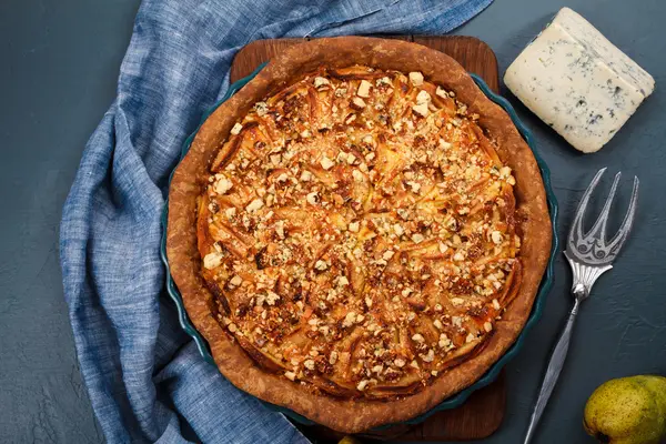 Tasty pie on dish. Close up. From above.