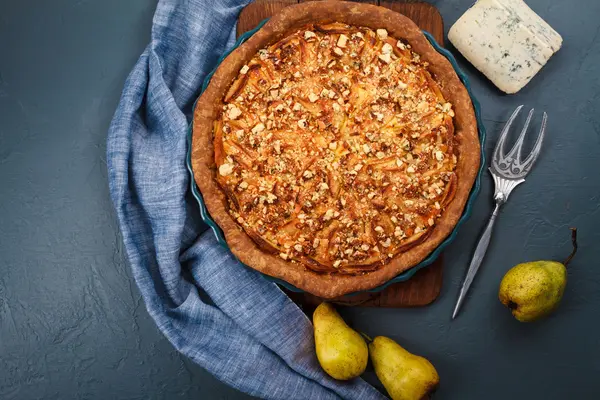 Tasty pie on dish. Close up. From above. Copy space.