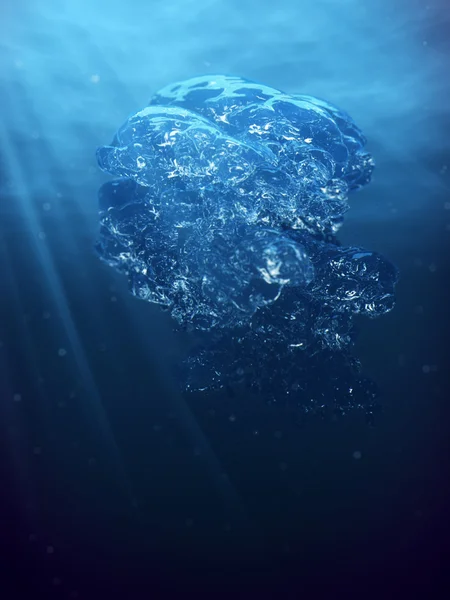 Air bubbles and sun ray in deep blue sea