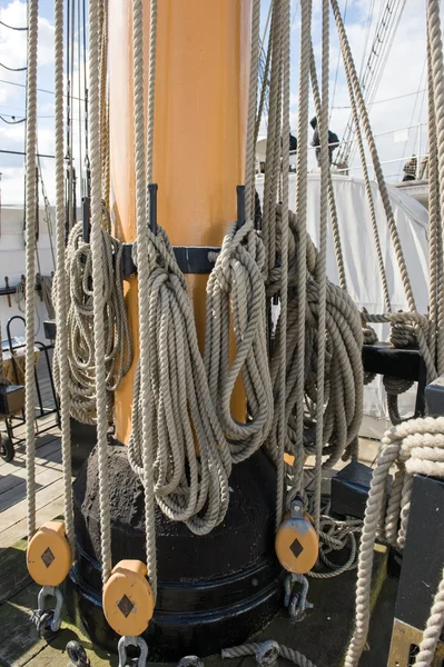 Shipping rope on a ship deck laid in a circle