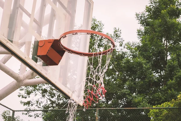 Basketball hoop and net deficit.