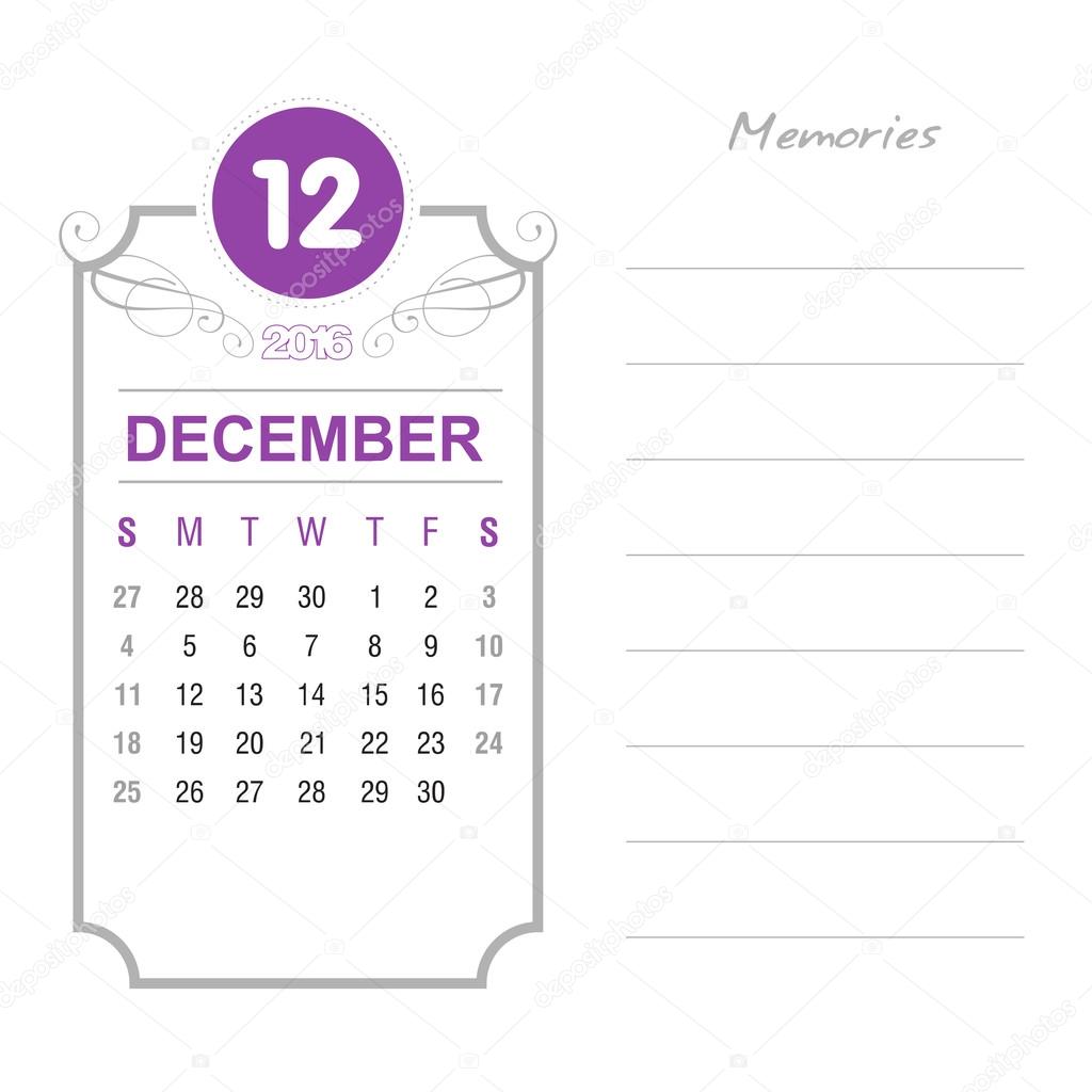 12 月カレンダー 2016 年デザイン テンプレートです。週は日曜日から開始します。イベント カレンダー。ノートと特殊なテキストを配置します。