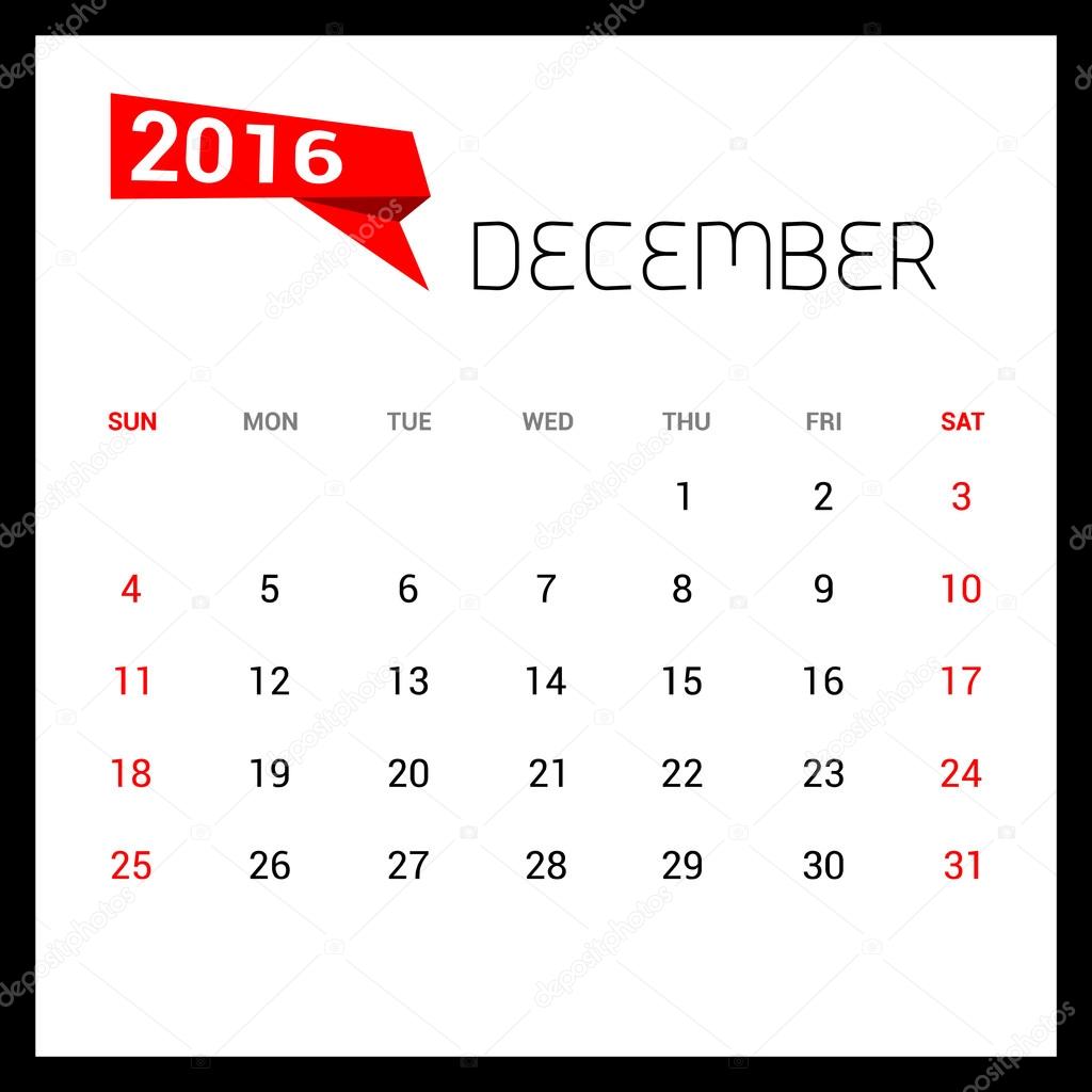 12 月はカレンダー 2016年ベクター デザイン テンプレートです。週は日曜日から開始します。ベクトル図 \u2013 ストックイラストレーション