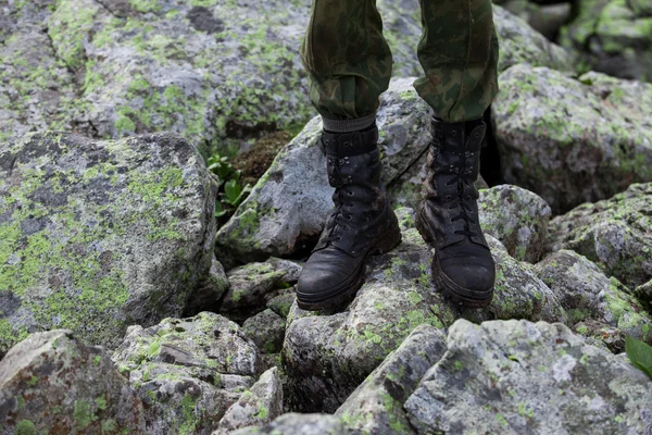 Black military boots on a soldier. Army.