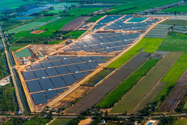 Solar farm, solar panels photography from small aircraft