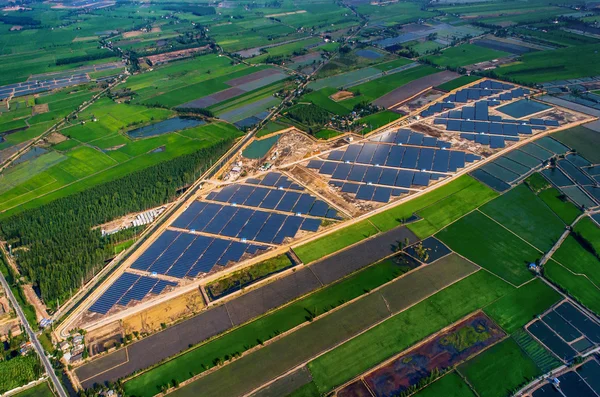 Solar farm, solar panels aerial photo