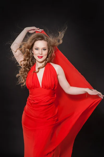 Blonde, girl, wind, beauty, blue eyes, smile, long hair, curly hair, red dress, emotions, red lips