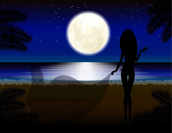 Moon, girl with glass, beach, vacation. Night landscape.