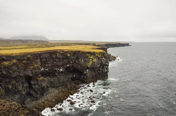 Atlantic ocean and black rock cliff of western Iceland coast