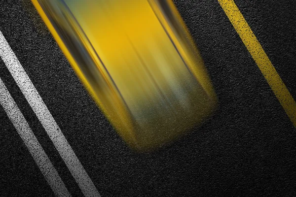Level asphalted road with a dividing white and yellow stripes and moving with high speed a yellow car. The texture of the tarmac, top view.
