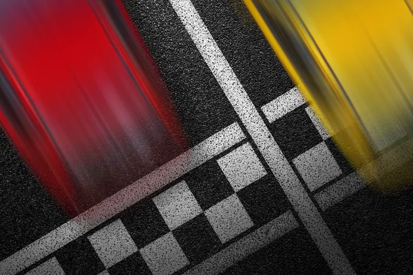Level asphalted road with a dividing stripes and moving with high speed a yellow and red sports cars. The texture of the tarmac, top view.