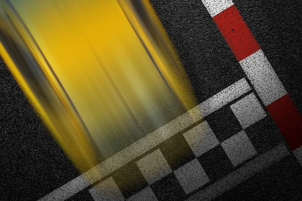 Level asphalted road with a dividing stripes and moving with high speed a yellow sport car. The texture of the tarmac, top view.