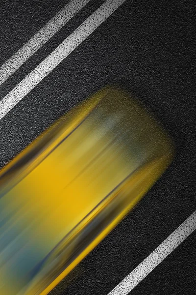 Level asphalted road with a dividing white stripes and moving with high speed a yellow car. The texture of the tarmac, top view.