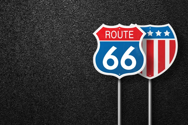 Road signs with the words 66 and USA flag are placed in a row on a background of asphalt. Route 66. Will Rogers highway. The texture of the tarmac, top view.