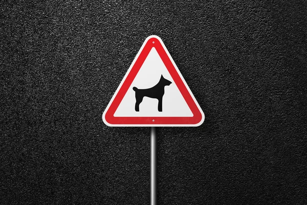 Road sign triangular shape with a picture of a dog on a background of asphalt. The texture of the tarmac, top view.