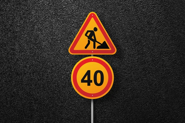 Road signs of the circular and triangular shape with a picture of a worker on a background of asphalt. Speed limit. The texture of the tarmac, top view.