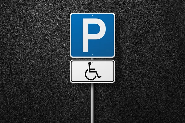 Road sign on a background of asphalt. Disabled parking. The texture of the tarmac, top view.