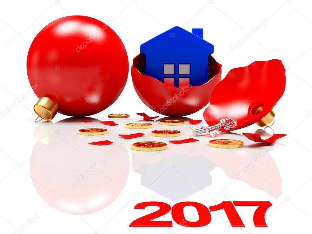 broken red christmas balls with a blue house inside and text 2017 broken red christmas balls with a blue house inside and text 2017