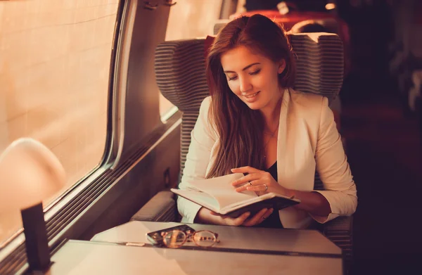 Woman Reading a book on the train