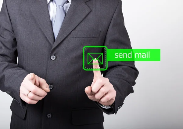 Technology, internet and networking concept. man in a black business shirt. woman presses send mail button on virtual screens