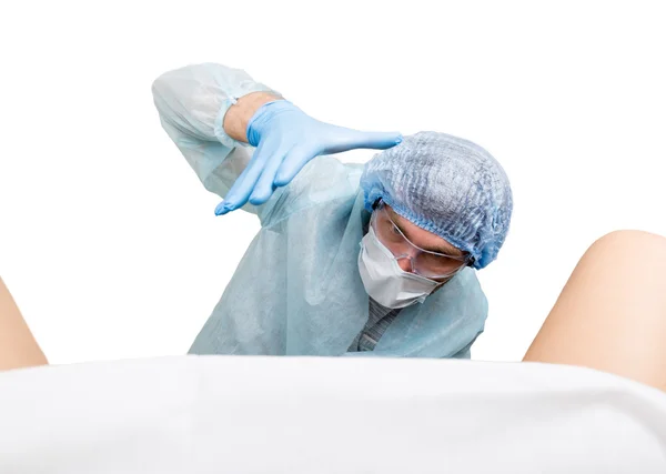 Crazy gynecologist examines a patient. mad doctor expression different emotions and makes different hands signs