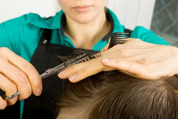 Hairdresser cuts hair with scissors on crown of. handsome satisfied client in  professional hairdressing salon