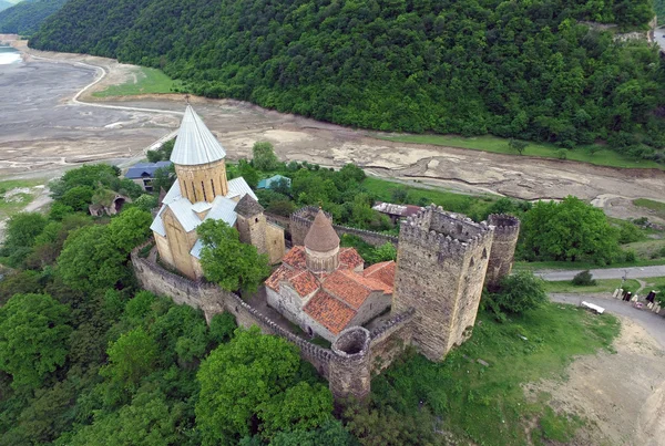 Photos from the air, Ananuri fortress on a background of a dried river Aragvi, shot quadrocopters