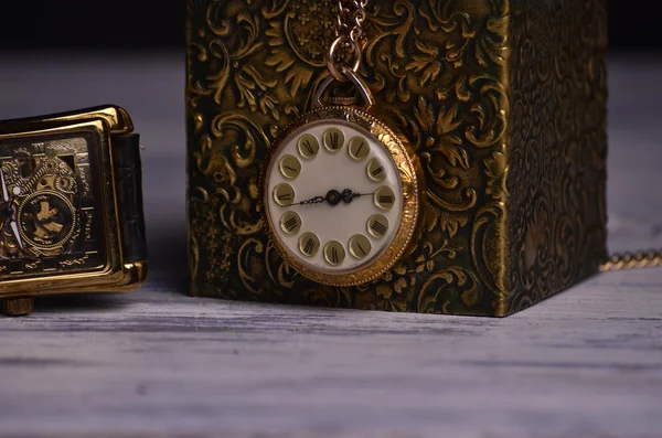 Pocket watch on golden decorated box