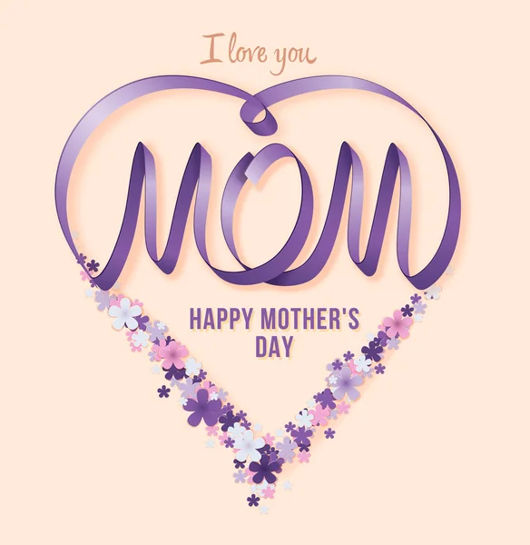 Happy Mothers Day. Vector Festive Holiday Illustration With lilac Ribbon Heart And Flowers
